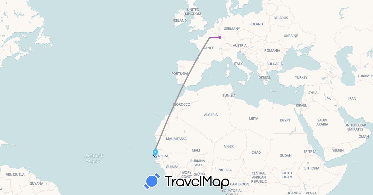 TravelMap itinerary: driving, plane, train, boat in France, Senegal (Africa, Europe)